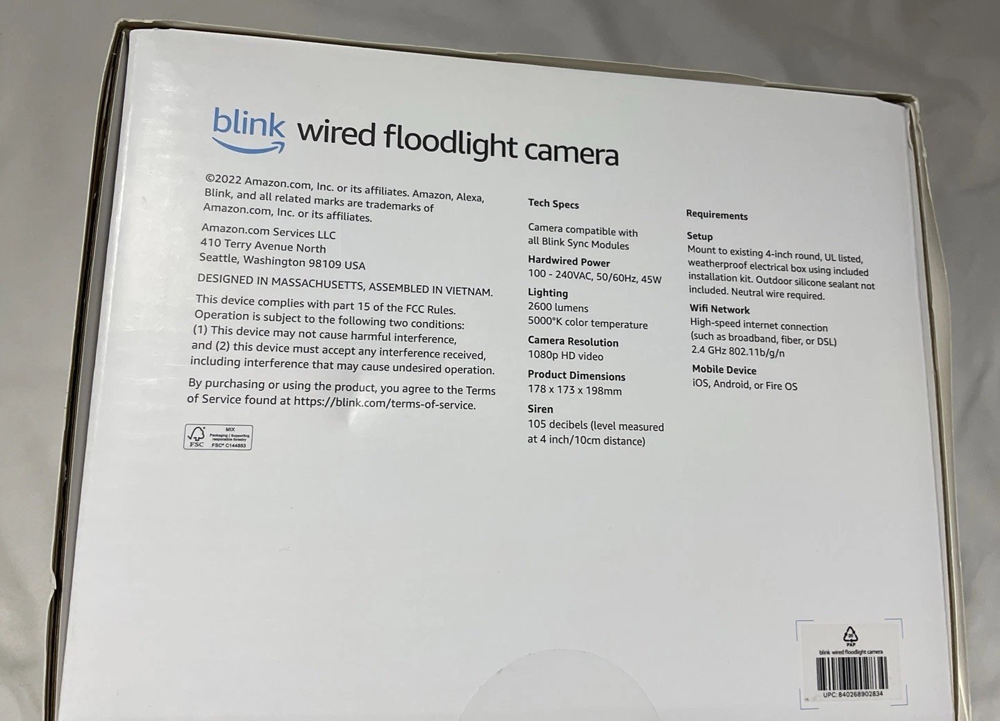 Blink Wired Floodlight Smart security camera 2600 lumens HD Black DAMAGEDBOX G9