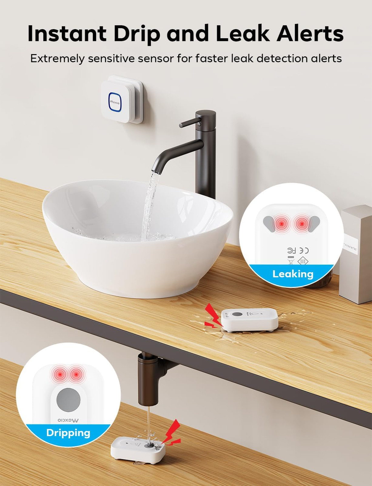 Water Leak Detector 5 Pack, IP66 Waterproof Smart Sensor, 110dB Alarm, WiFi
