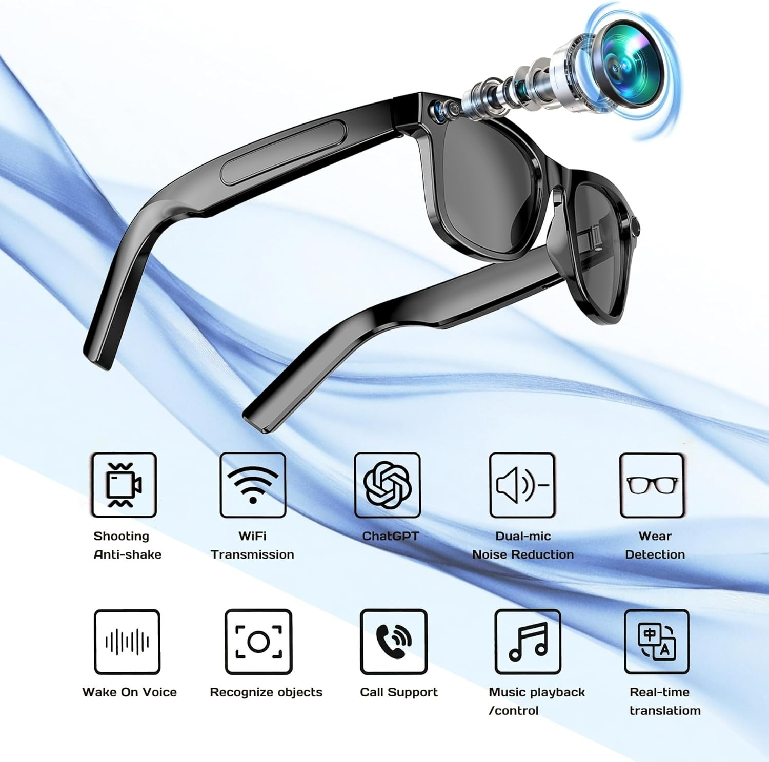 AI Smart Glasses with Voice Assistant, 8MP HD Camera Glasses, 1080P Video