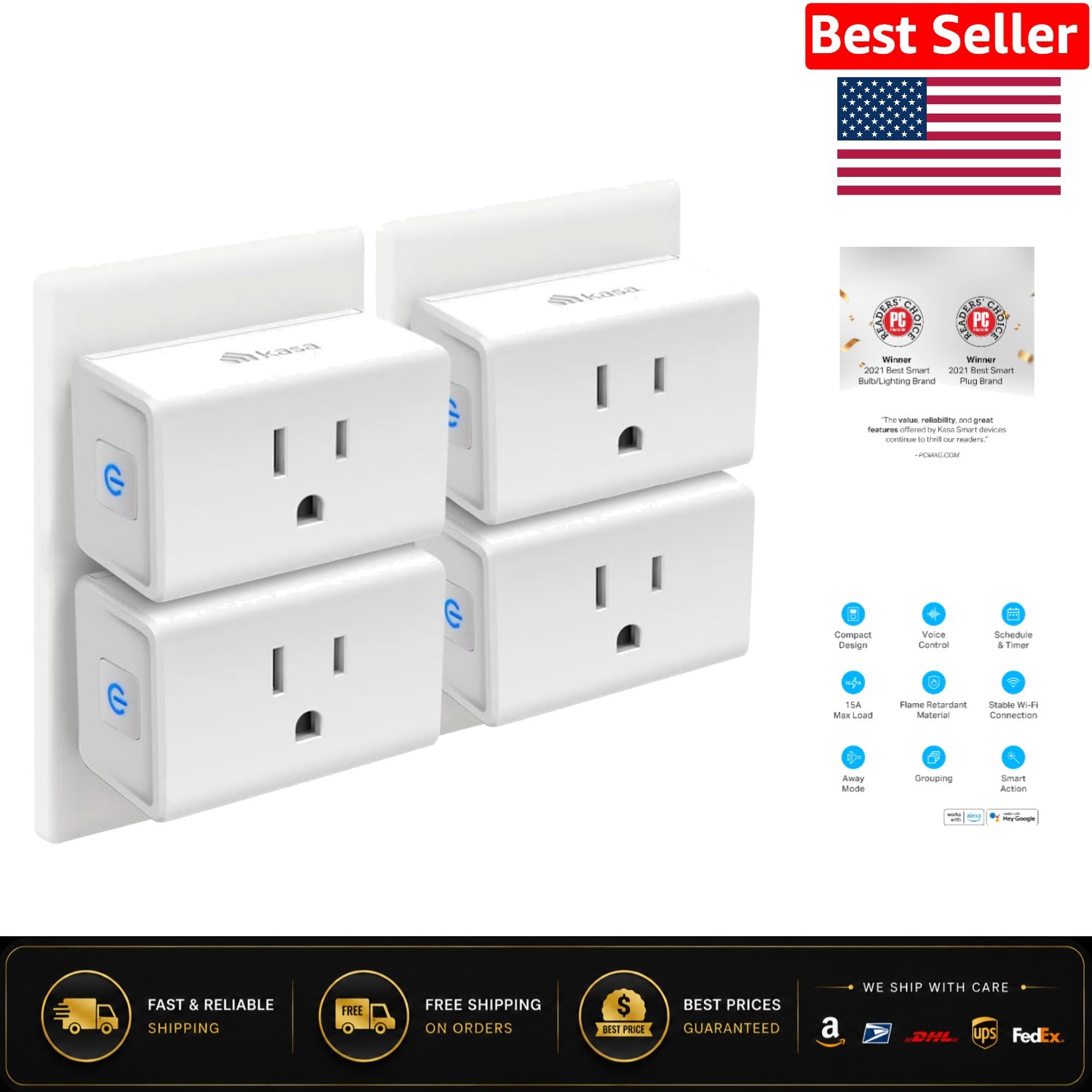Compact 15A Smart Wi-Fi Plugs – 4-Pack, Certified for Safe Home Automation