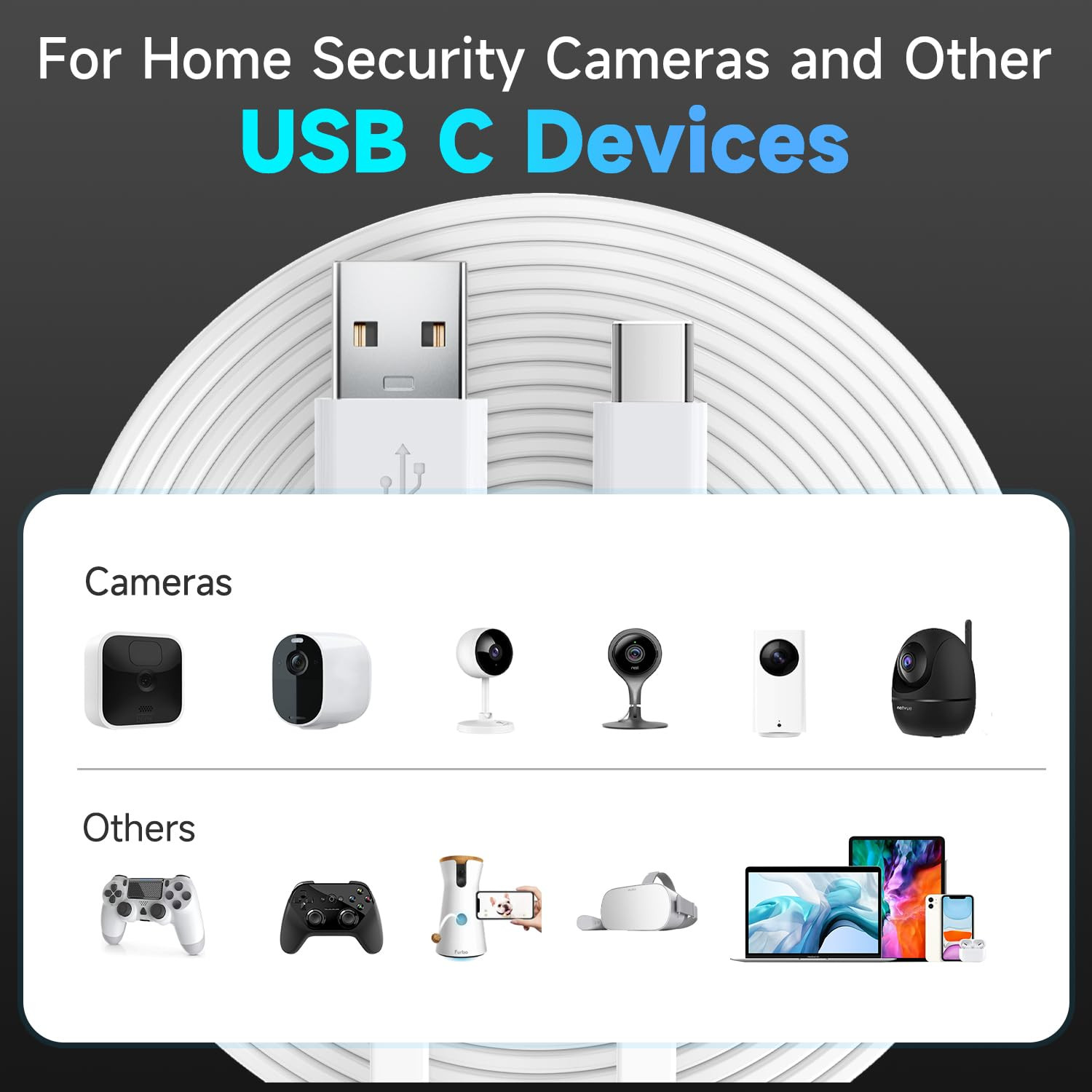 10FT/3M Flat Power Extension Cable for USB C Enabled Home Security Cameras or Ot