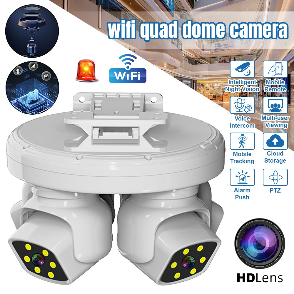 Four Lens HD WiFi Security IP Camera Outdoor PTZ Video Cam Night Vision 10X Zoom