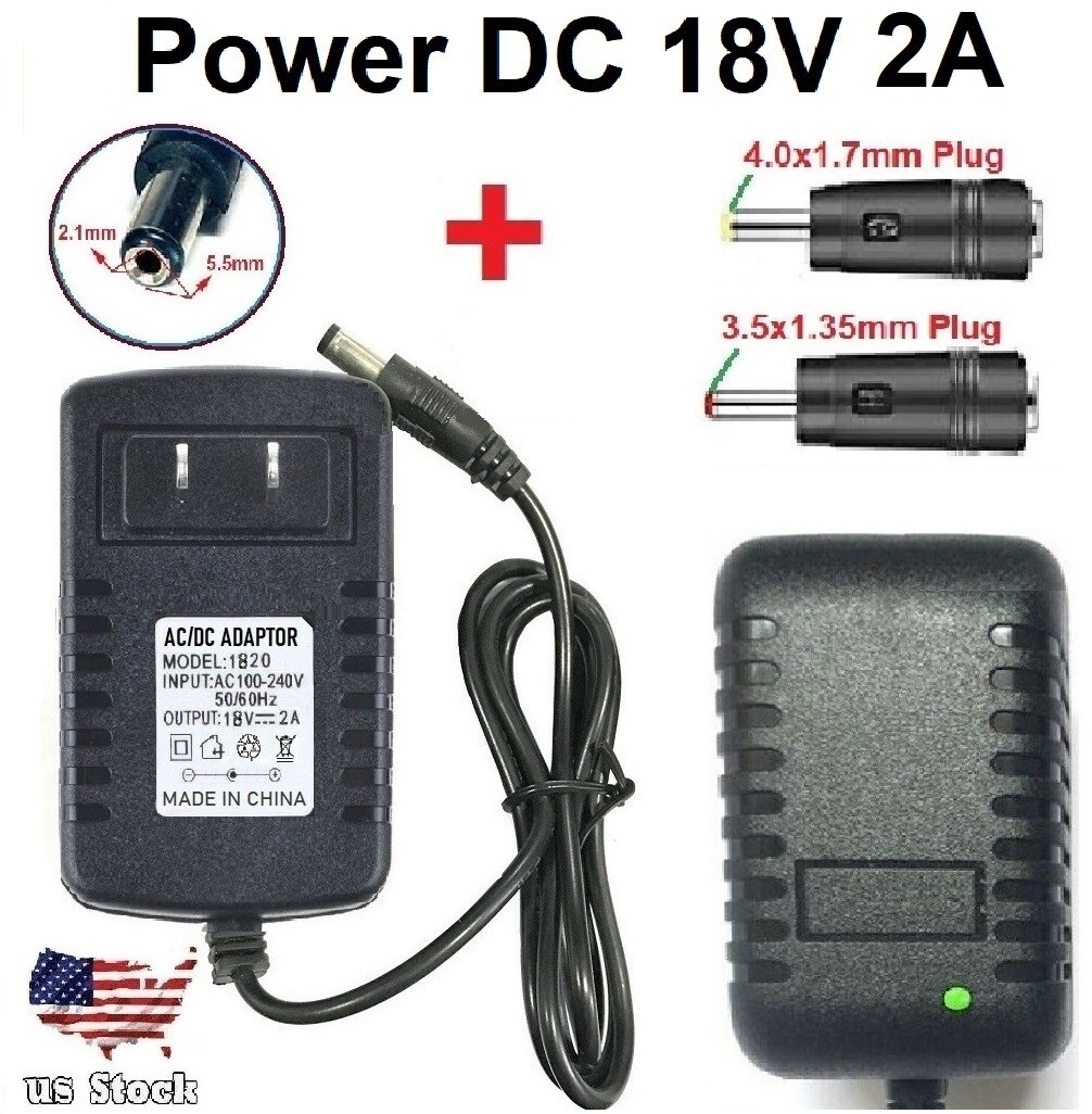 18V 2A AC/DC Adapter Power Supply Charger with 5.5×2.1mm +2 DC Power Plug Tips