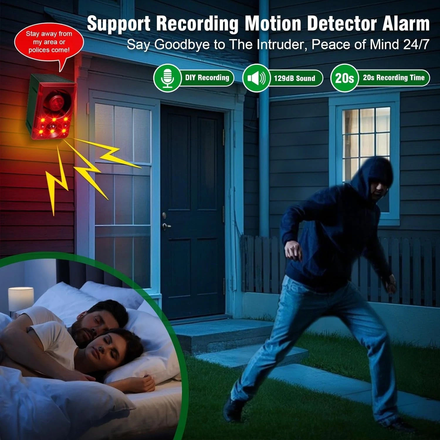 Solar Outdoor Motion Sensor Alarm-Dog Barking&Gunshot Sound,Support Recording
