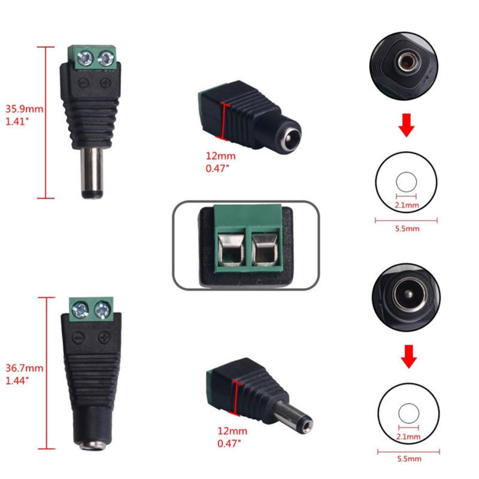 DC Power Plug Male Female Jack Connector 2.1 x 5.5mm Adapter CCTV Video 10PCS
