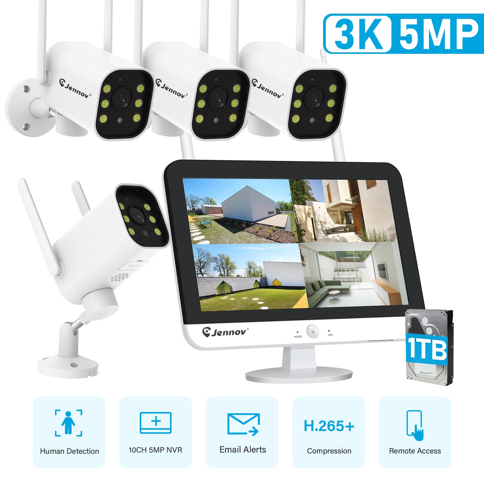 5MP Wireless Outdoor Security Camera With 2 Way Audio 24/7 Recording Monitor