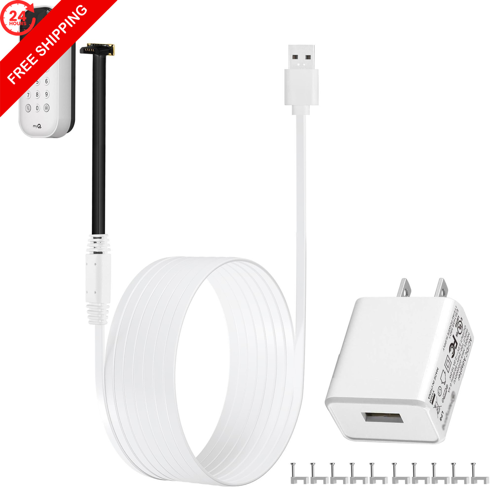 10ft/3m Power Cable and Adapter for myQ Smart Garage Door Video 10 ft, White