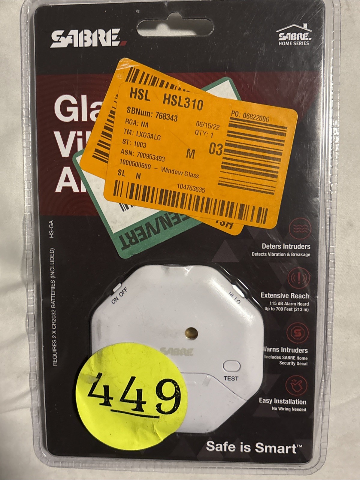 SABRE HS-GA Wireless Window Glass Break & Vibration Detector Alarm with Security