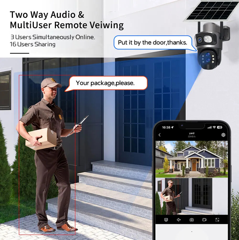 Solar Camera Outdoor 6K 12MP Three Lens Security Human Auto Tracking CCTV Camera