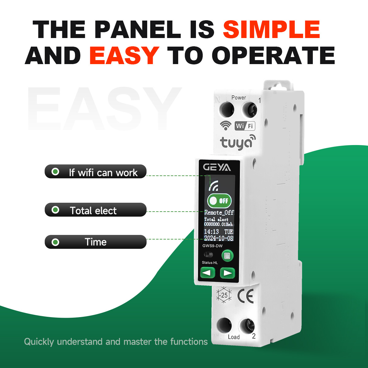 GEYA Tuya WIFI Circuit Breaker MCB Digital Display Switch 1P+N 63A Metering&Rail