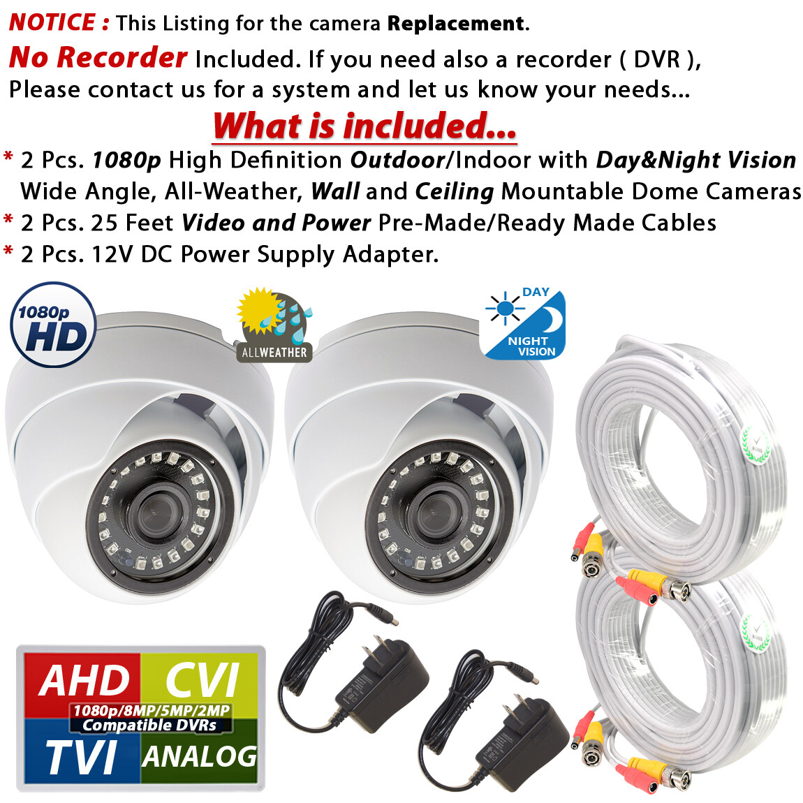 1080P Security Camera with Power Adapter and 25ft Video Power CCTV Cable 2 Pack
