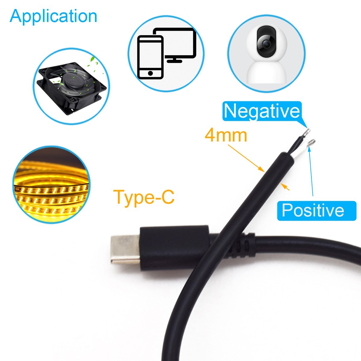 10pcs 25cm USB C Type-C Male Plug Cable 2 Wires Power Pigtail Cable Cord DIY -US