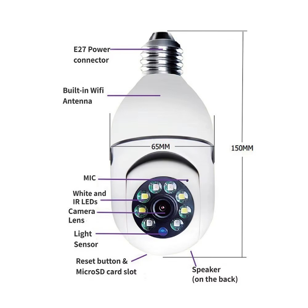 360° 1080P IP E27 Light Bulb Camera Wi-Fi IR Night Smart Home Wireless Security