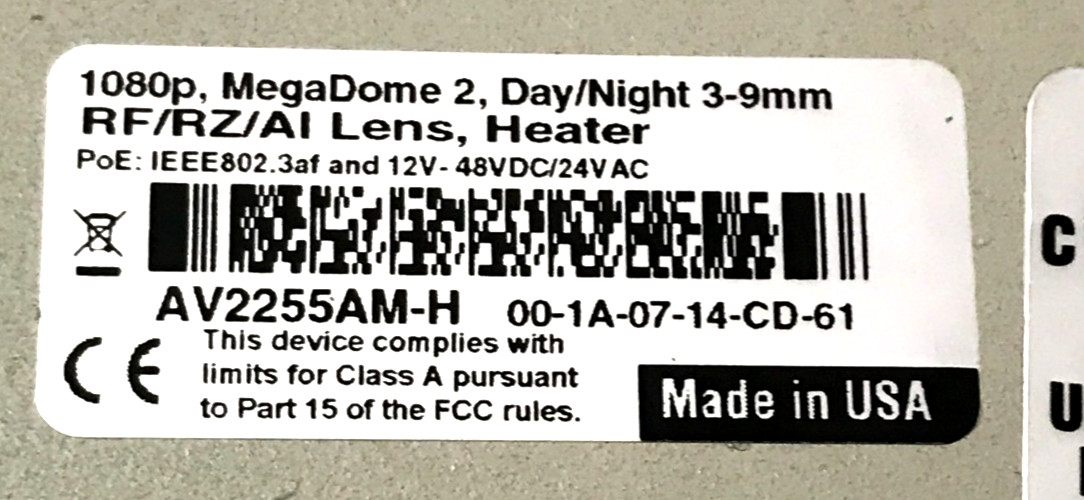 Arecont Vision AV2255AM 1080p Day/Night IP MegaDome 2 Camera w/3-9mm Lens