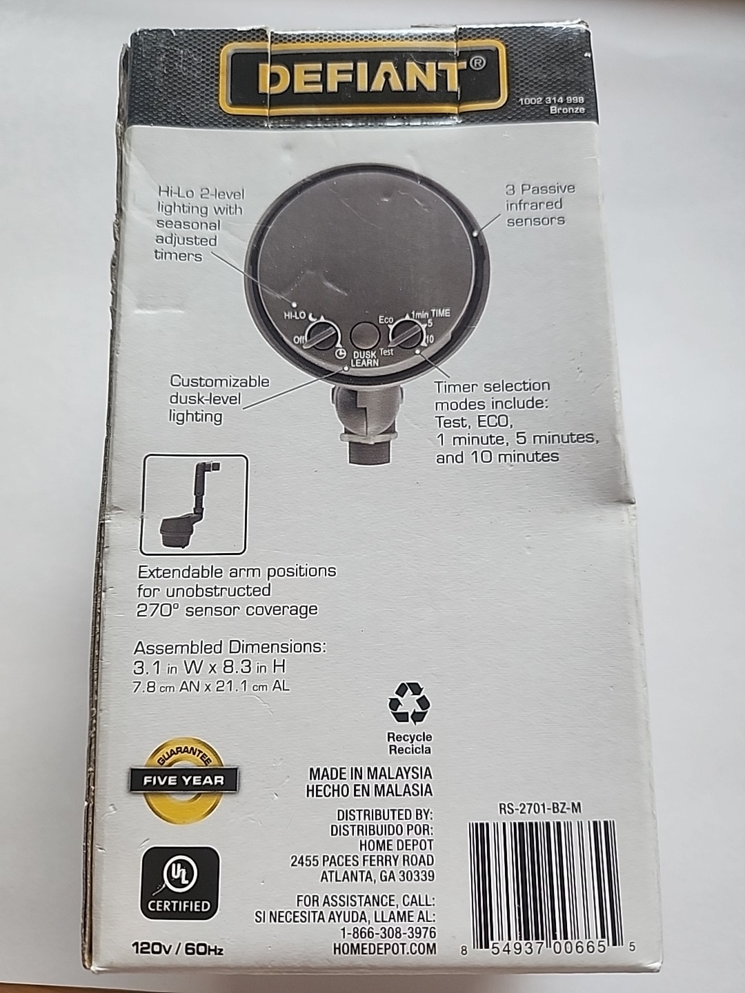NEW Defiant 270-degree Bronze Replacement Motion Sensor for ALL BULB TYPES
