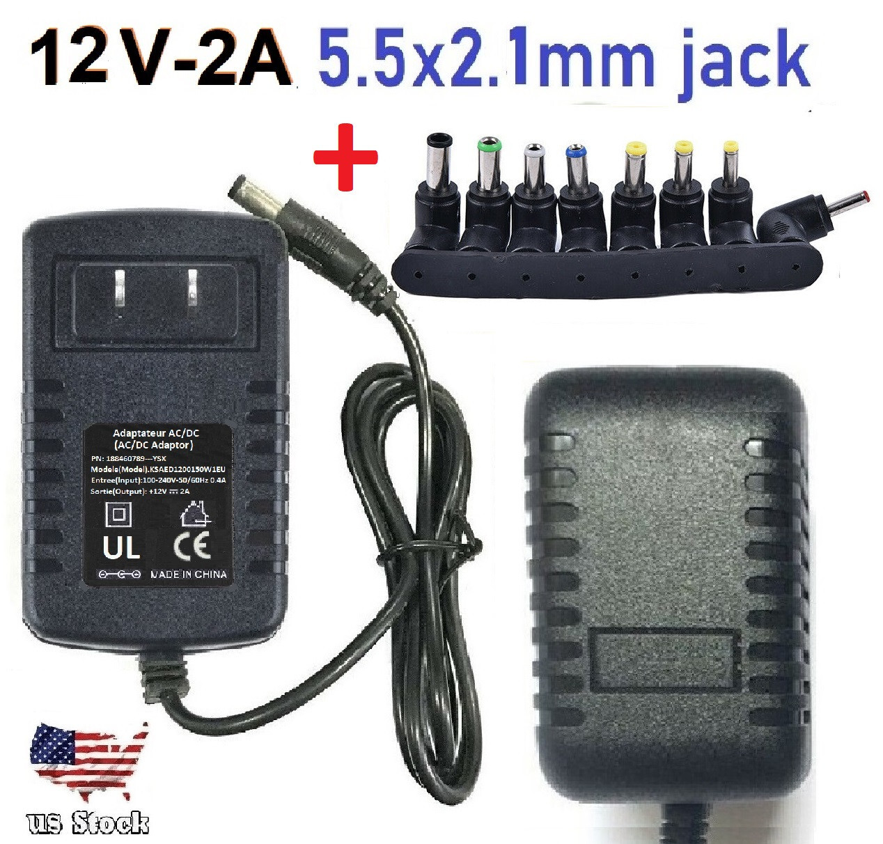AC 100-240V to DC 12V 2A Power Supply Adapter Charger with 8 Sizes DC Plug Tips