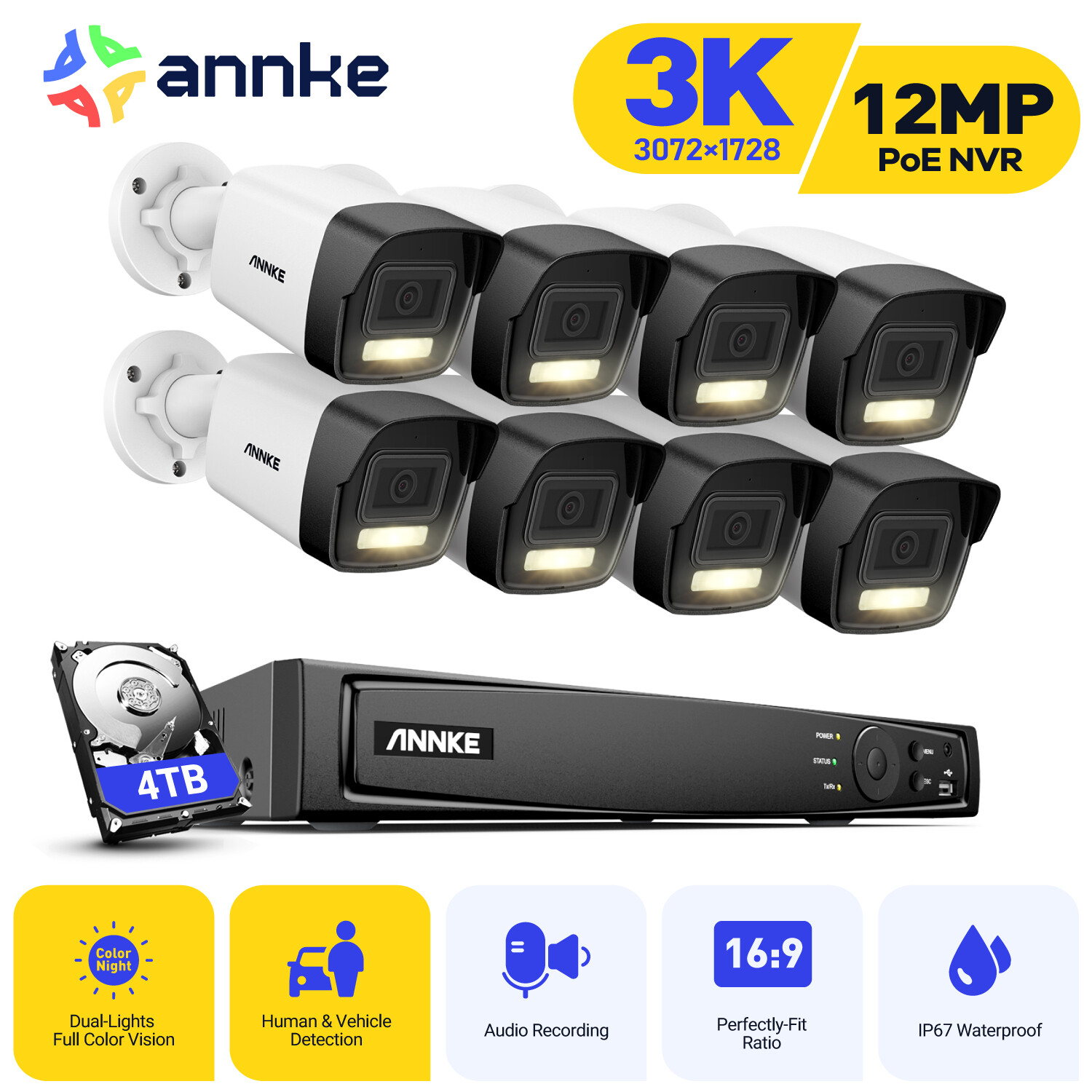 ANNKE 8CH 12MP NVR 5MP Audio POE Security Camera System 3K AI Color Night Vision