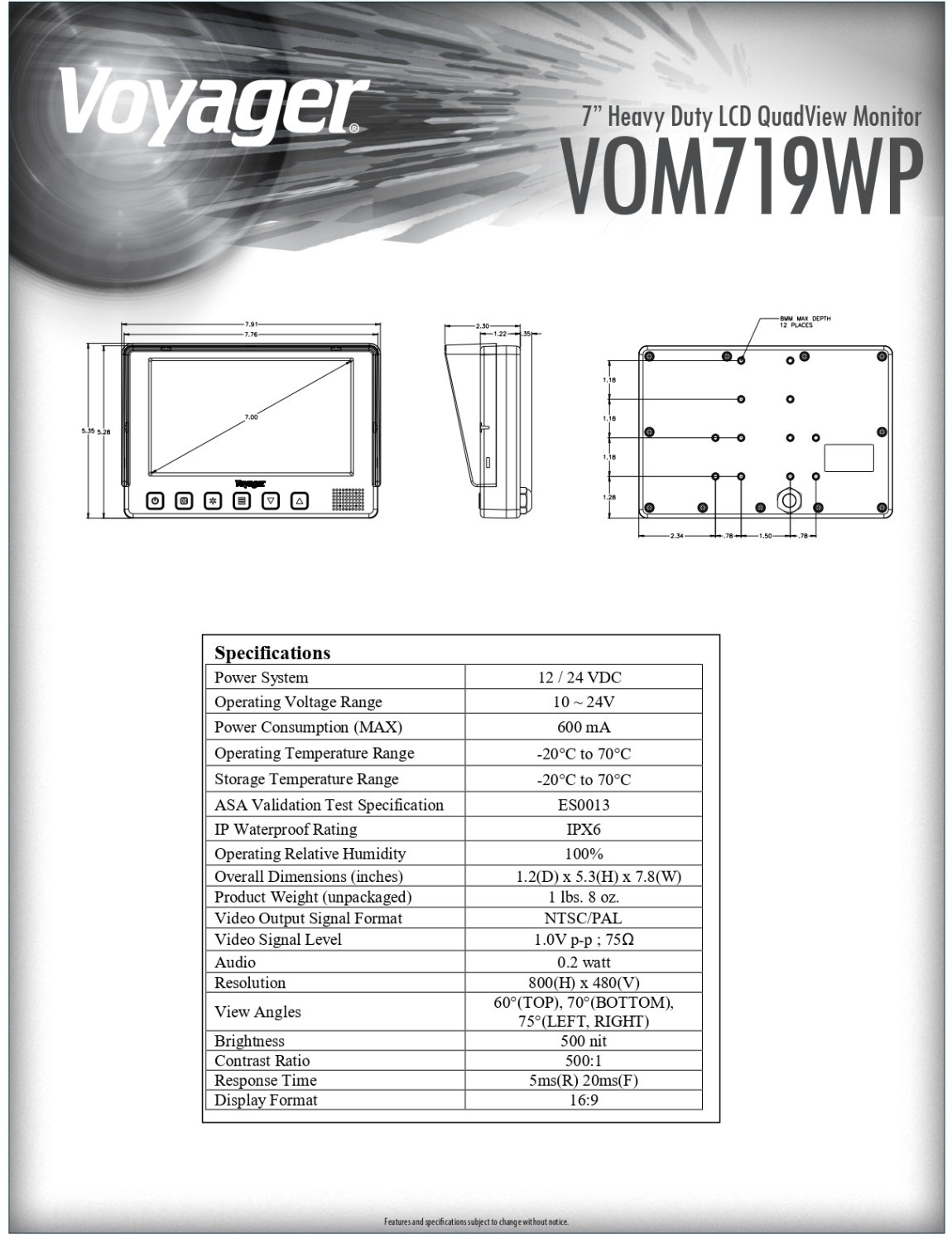 Voyager VOM719WP Heavy Duty 7″ Color LCD QuadView Monitor