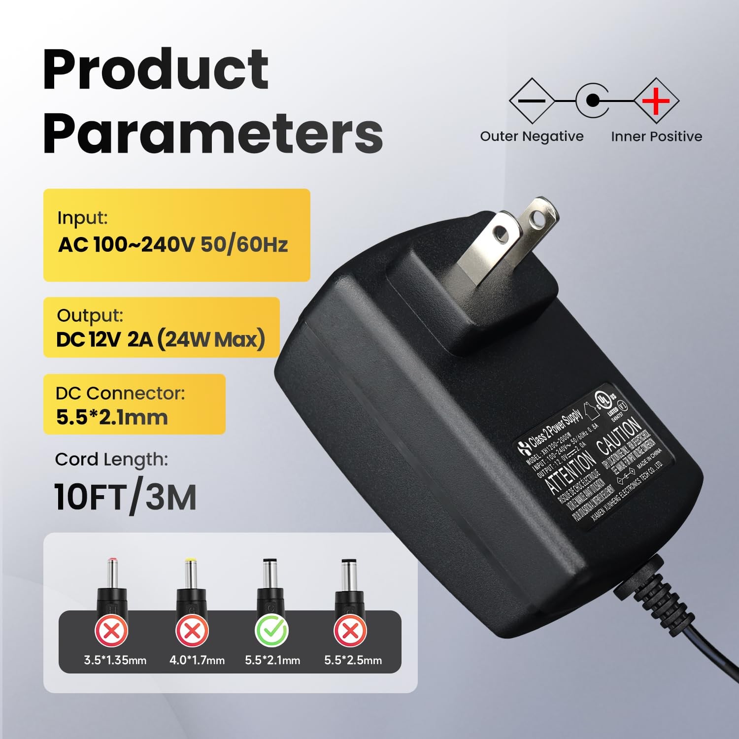 UL Listed 12V 2A 10ft Power Supply Adapter with 8 Tips, 24W 1.5A 1A 0.8A 0.5A…