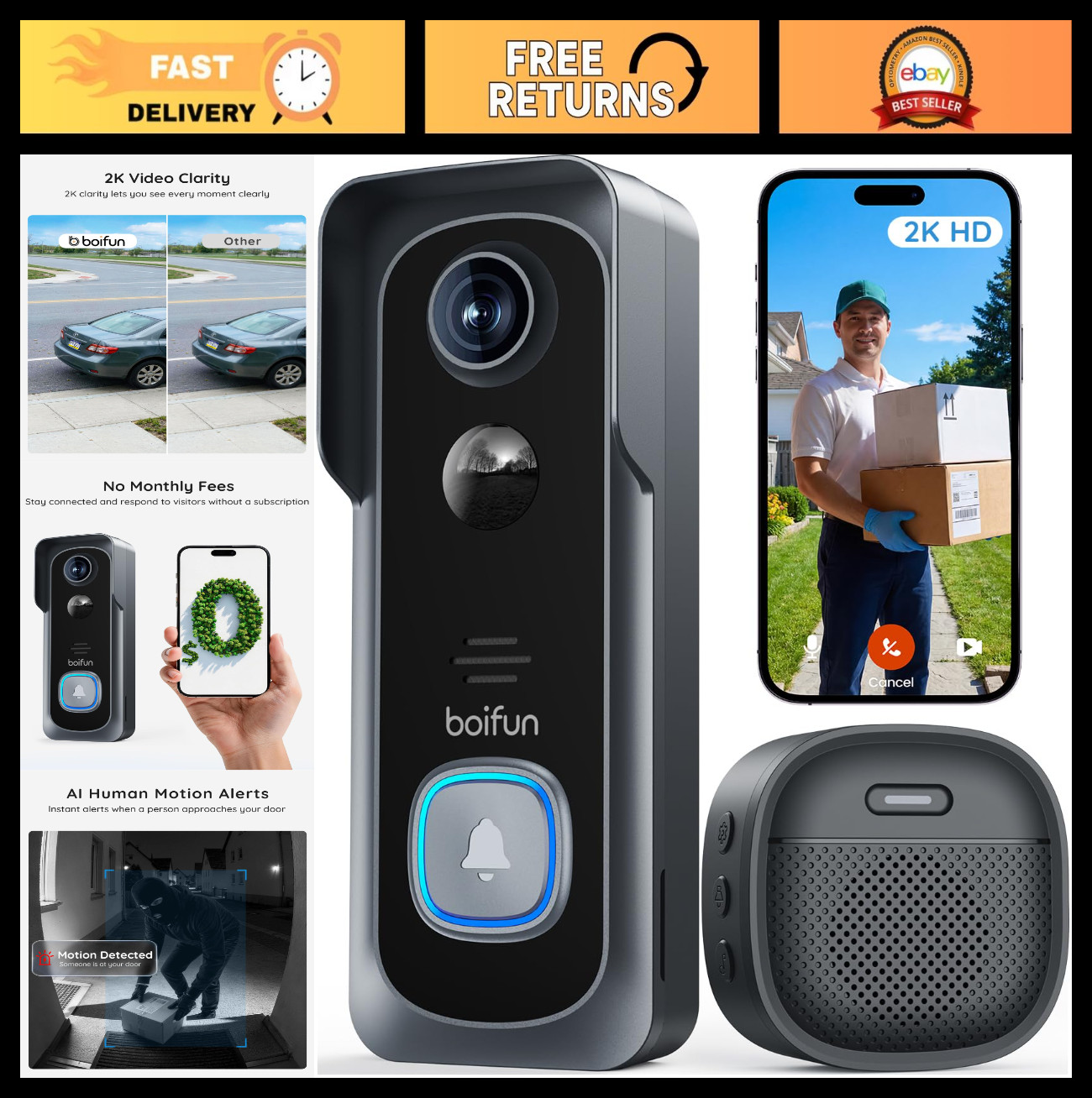 Wireless Video Doorbell Camera – 2K HD, 166° Wide View, Night Vision, Motion Ale