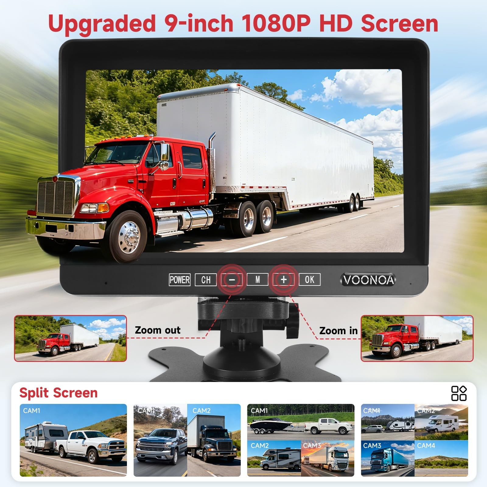 Wireless RV Backup Camera System, 9″ 1080P DVR Monitor with 45*11*28CM, black