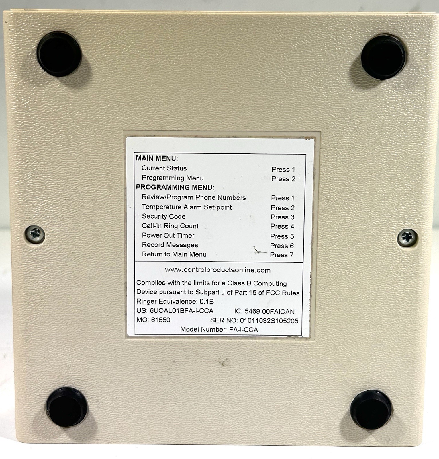 Control Products Freeze Alarm FA-I-CCA with Sensor and AC Adapter • Tested