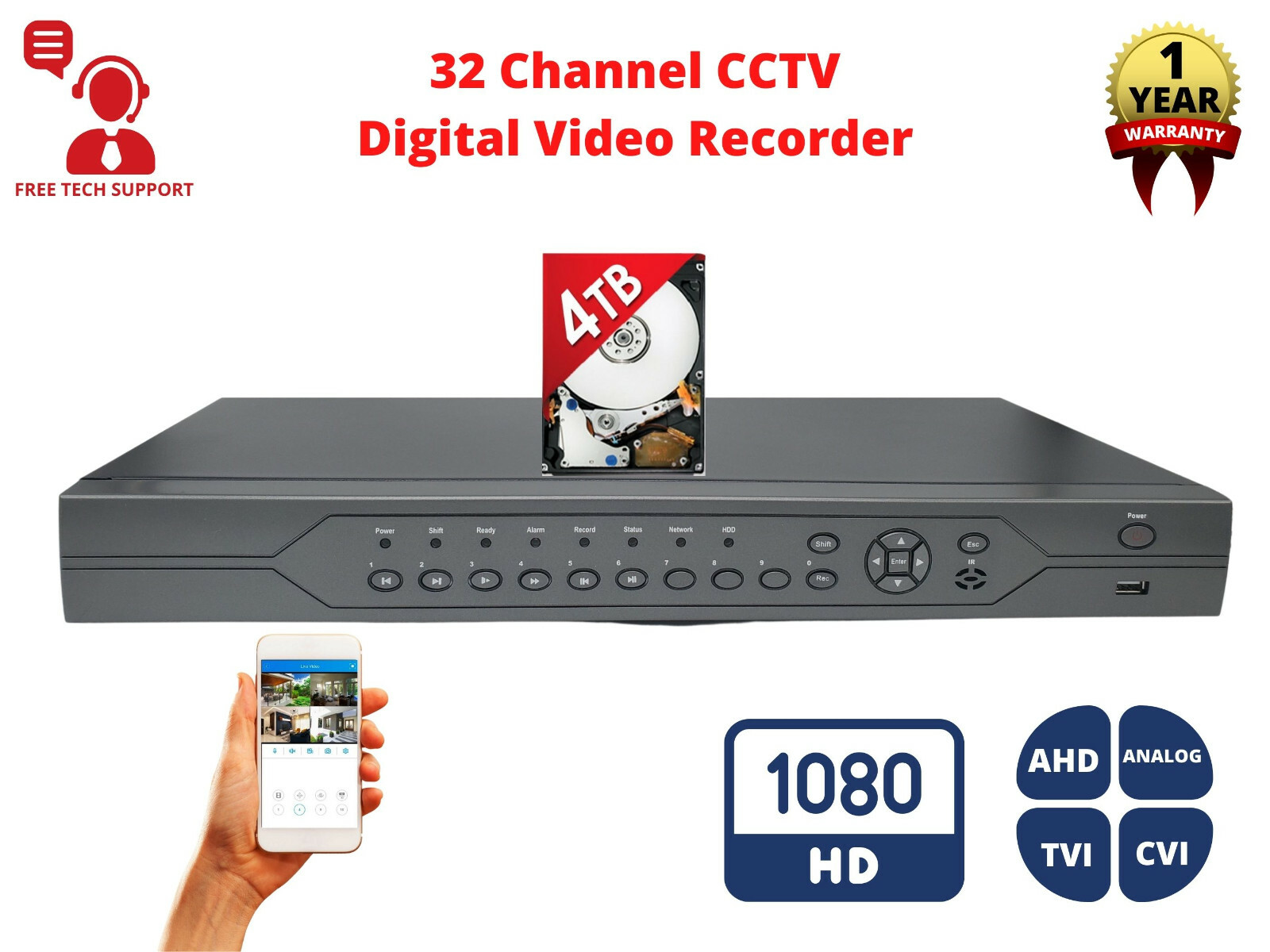 32 Channel H.265 DVR with 4TB Hard Drive HD Standalone Easy Remote Access