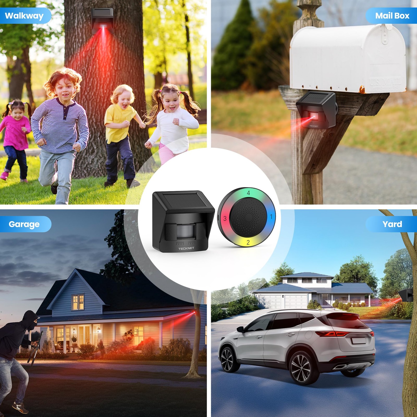TECKNET Non-APP Solar RGB Wireless Driveway Alarm 1 Receiver 1 Sensor