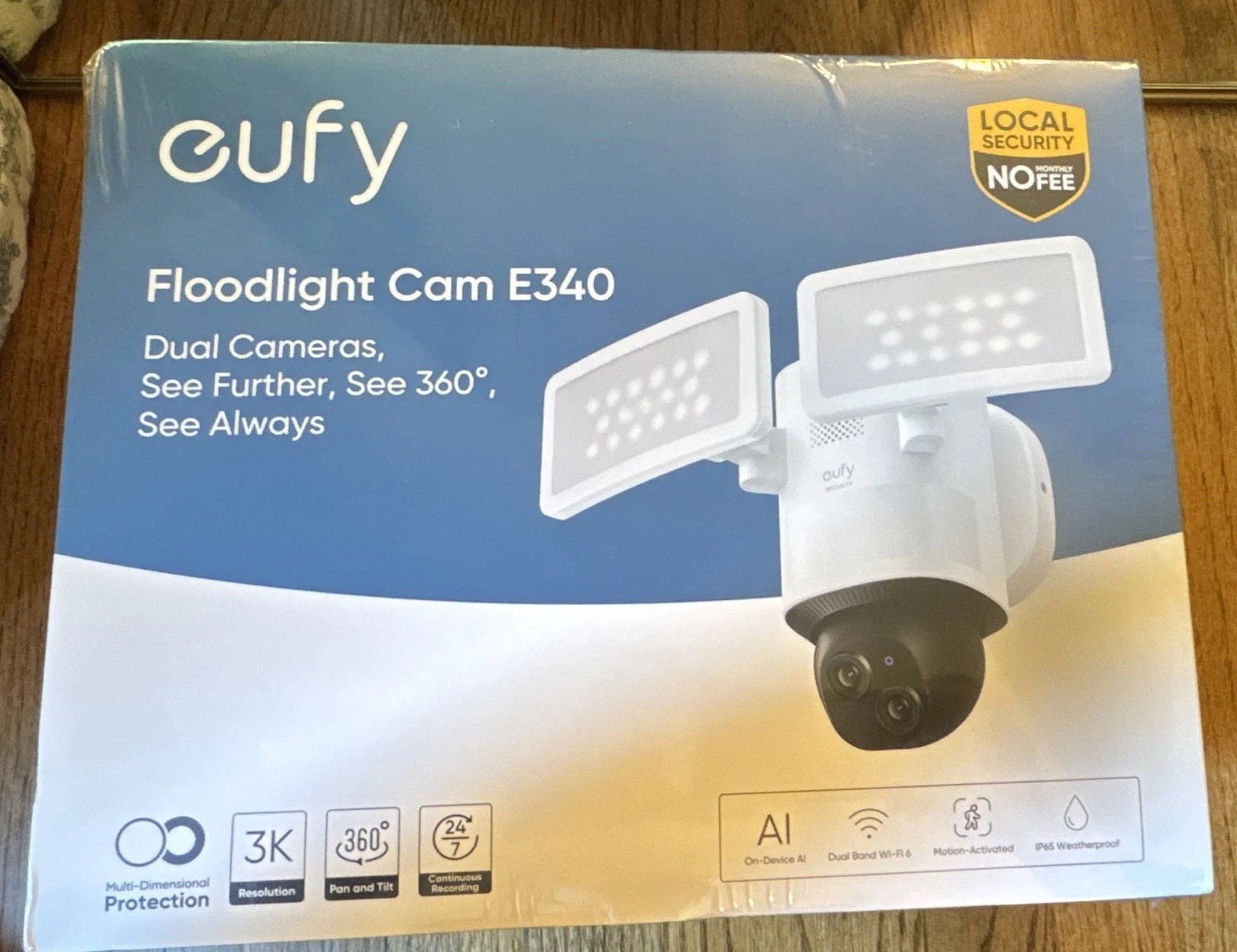 eufy Floodlight Cam E340 Dual Camera 3K Wi‑Fi Outdoor 360° Pan/Tilt White