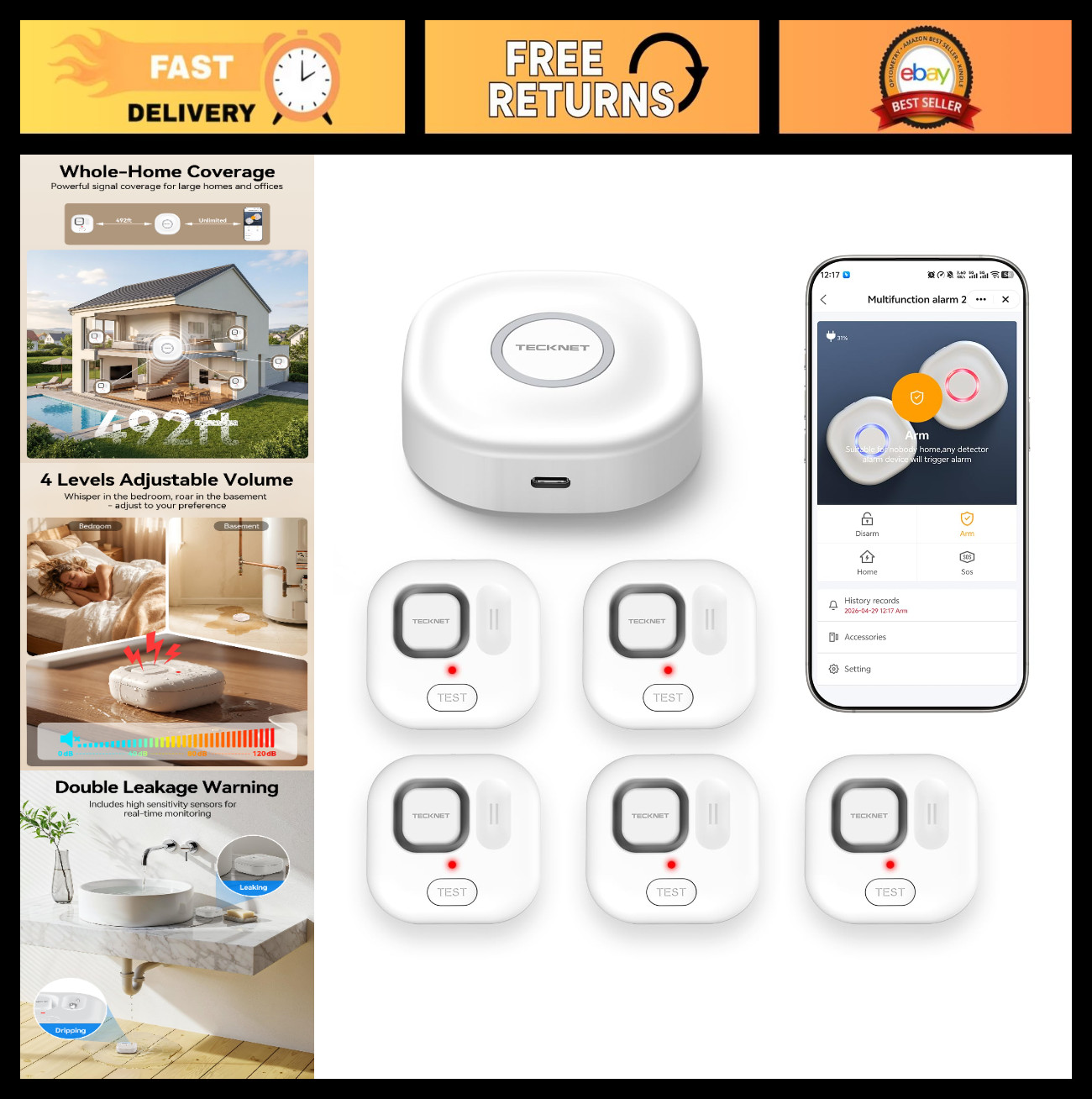 Wi-Fi Water Leak Detector Kit – 120dB Smart Sensor with APP Alarm, 5 Sensors + G
