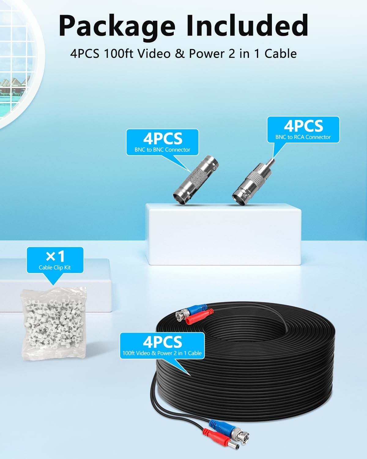 4 Pack 100ft 30 Meters 2-in-1 Video Power Cable BNC Extension Surveillance