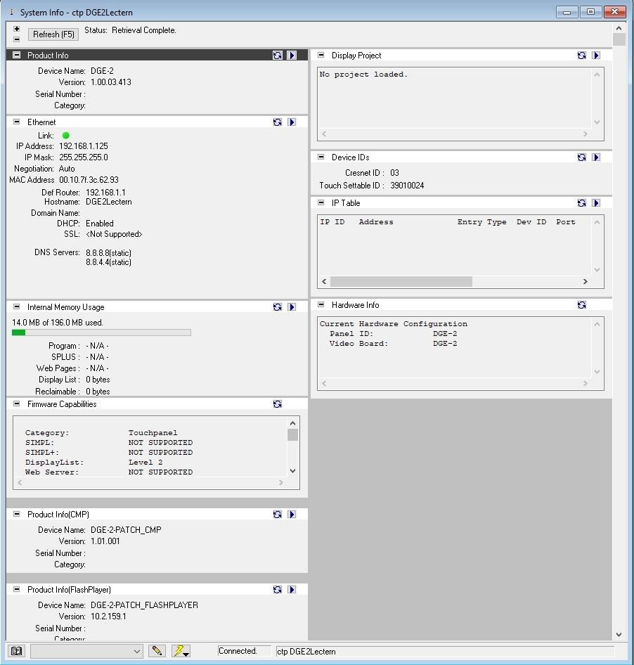 Working, Factory Defaults Crestron DGE-2, Display not Included