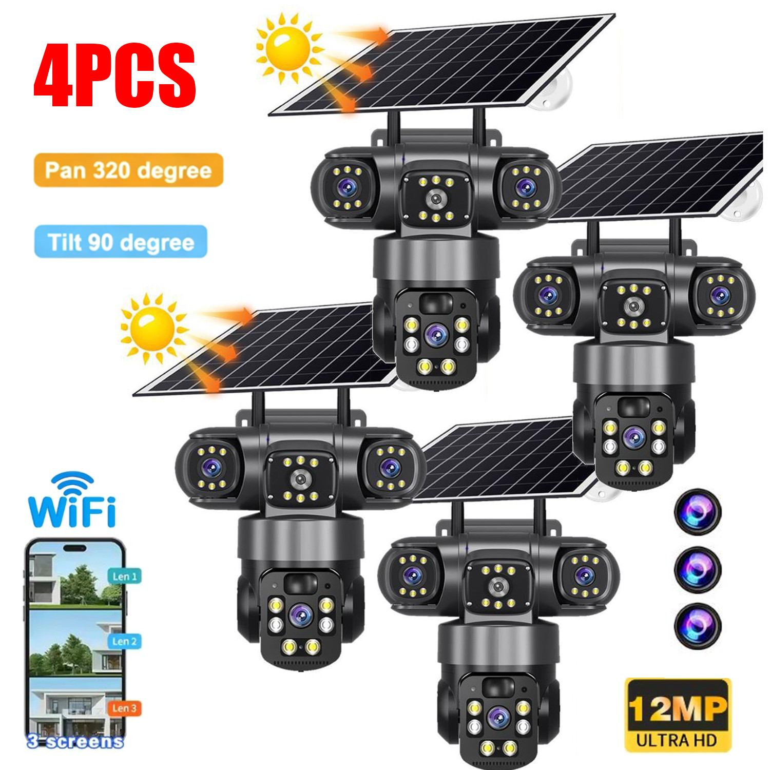 3 Lens 12MP Solar Battery Home Security Camera Outdoor Wifi Wireless PTZ CCTV A