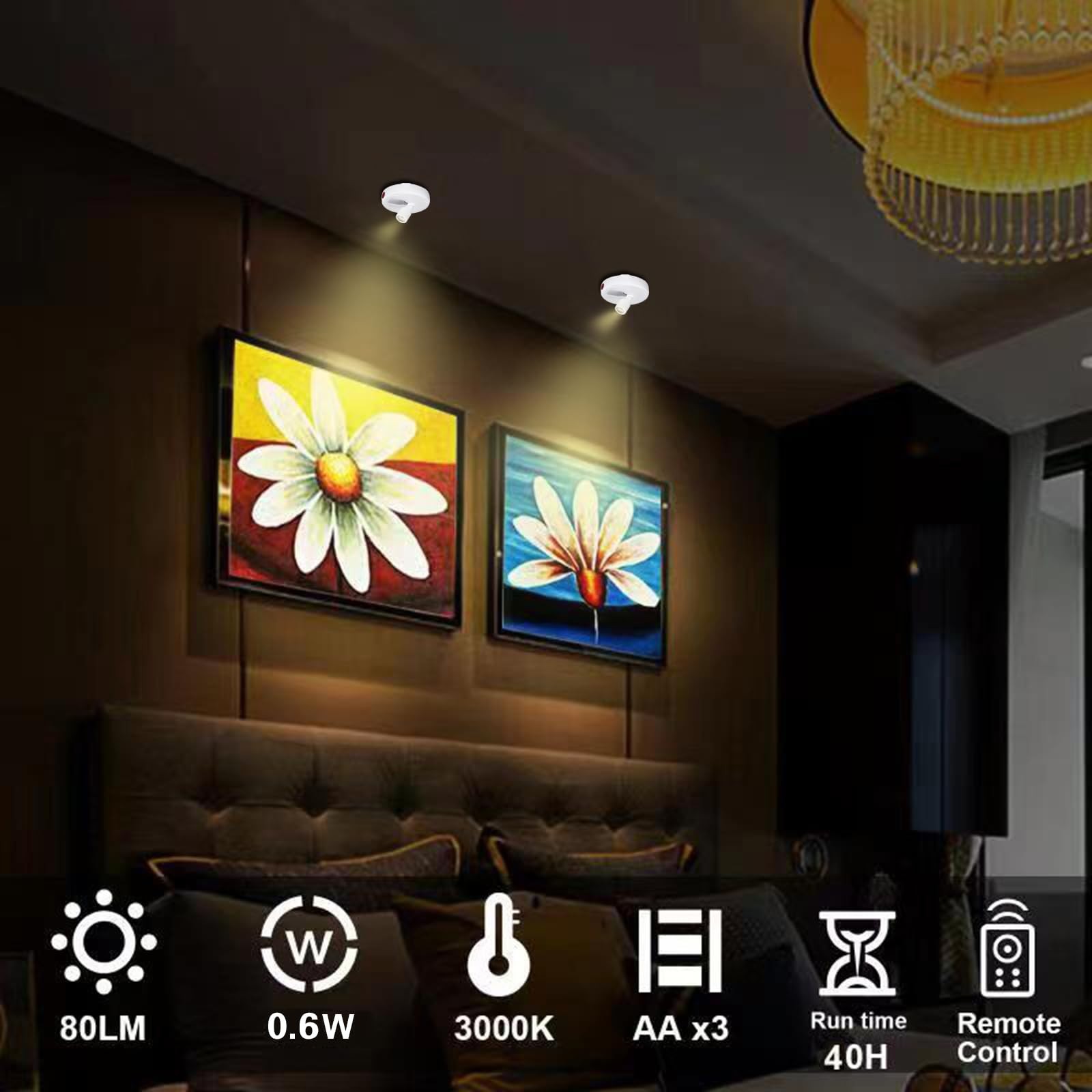 HAMVIDNE Wireless LED Spotlight, Battery Operated Picture 2 Pack, Pure White