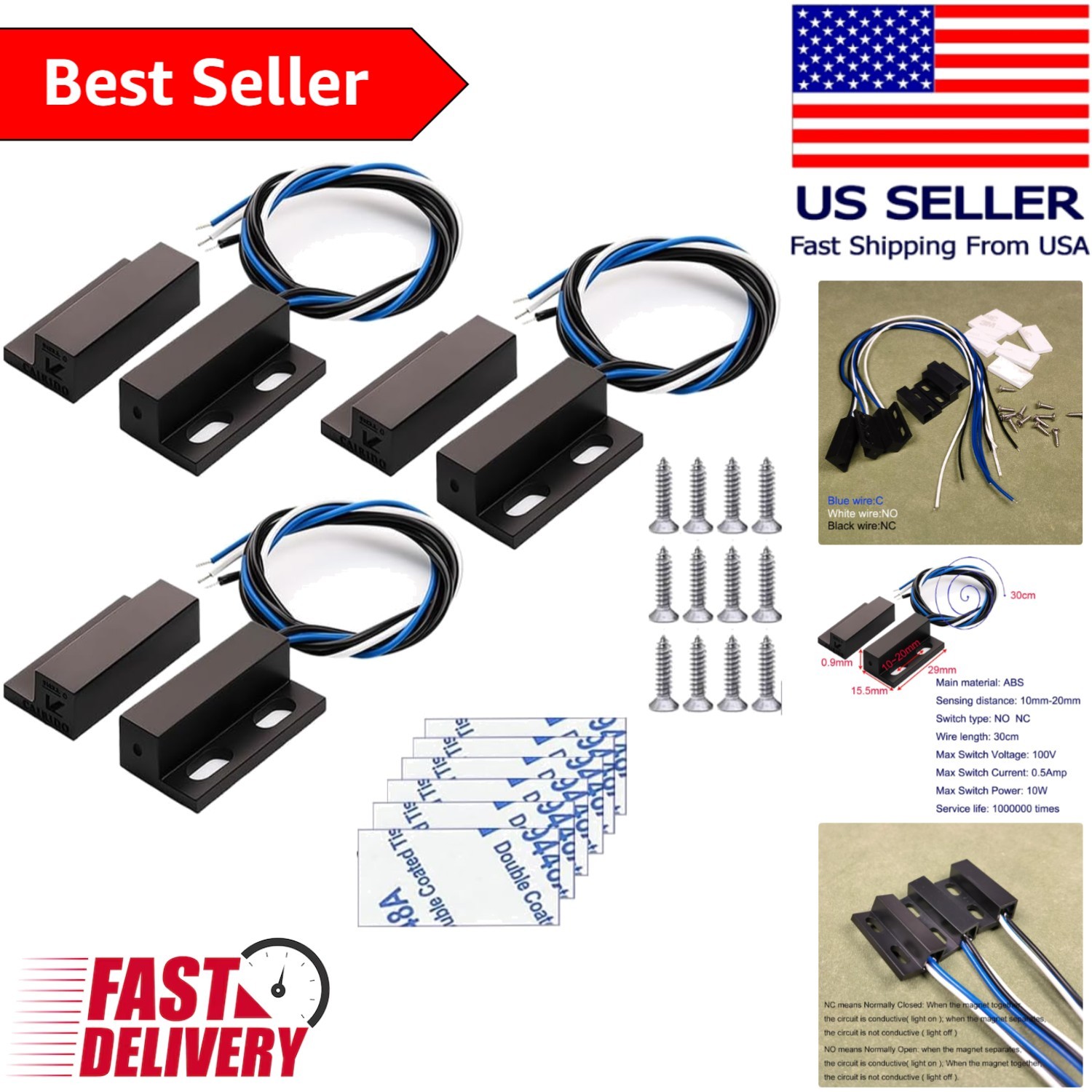 Compact Black NO/NC Magnetic Door Sensor Reed Switch – 3 Pack for Access Control