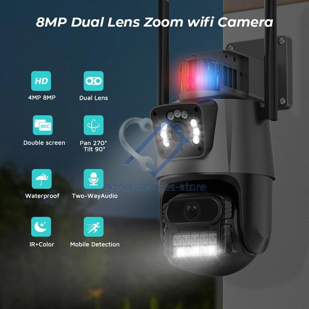 Dual Lens 4K WiFi Security Camera 8X Zoom Outdoor Home Night Vision CCTV PTZ