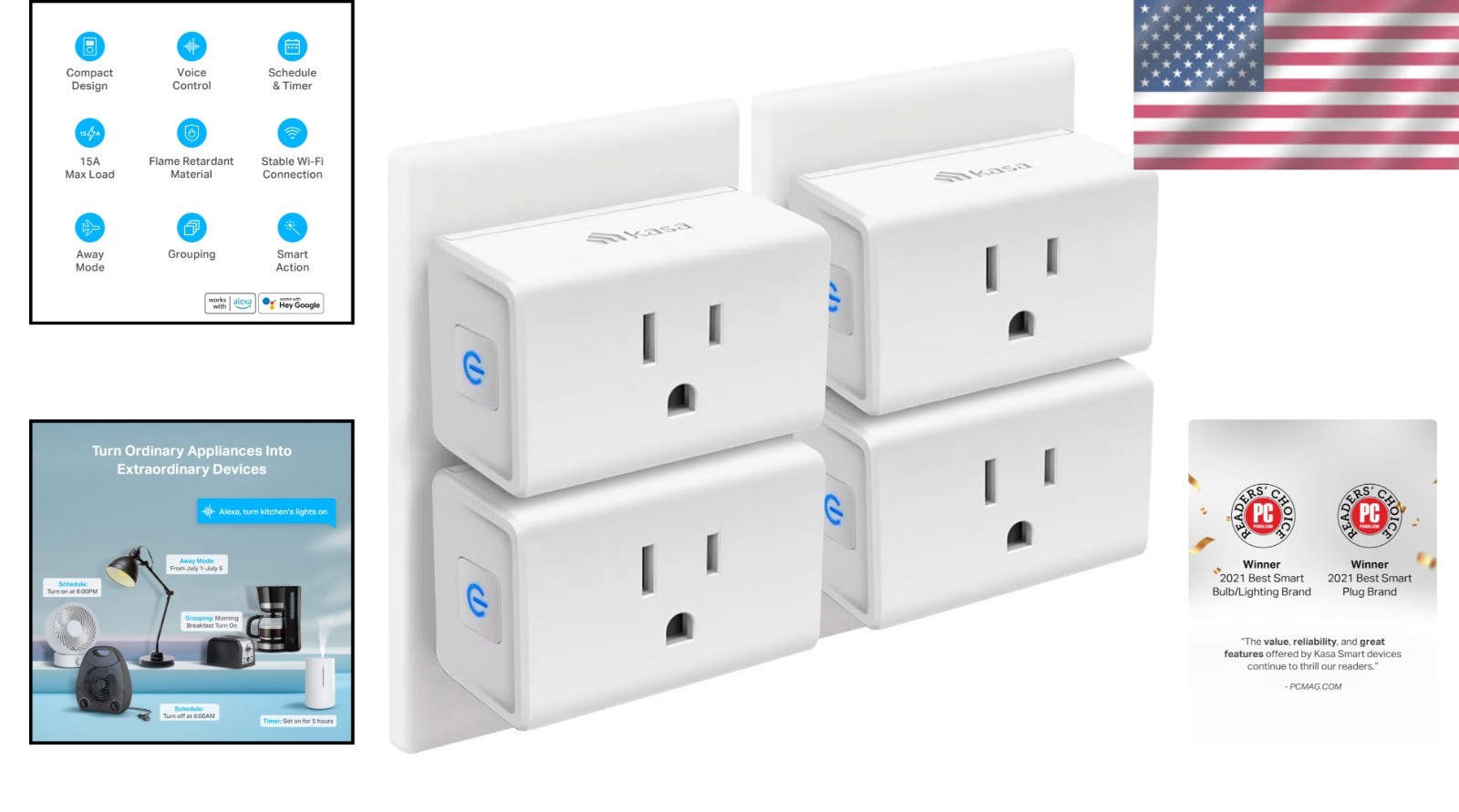 Compact 15A Smart Wi-Fi Plugs – 4-Pack, Certified for Safe Home Automation