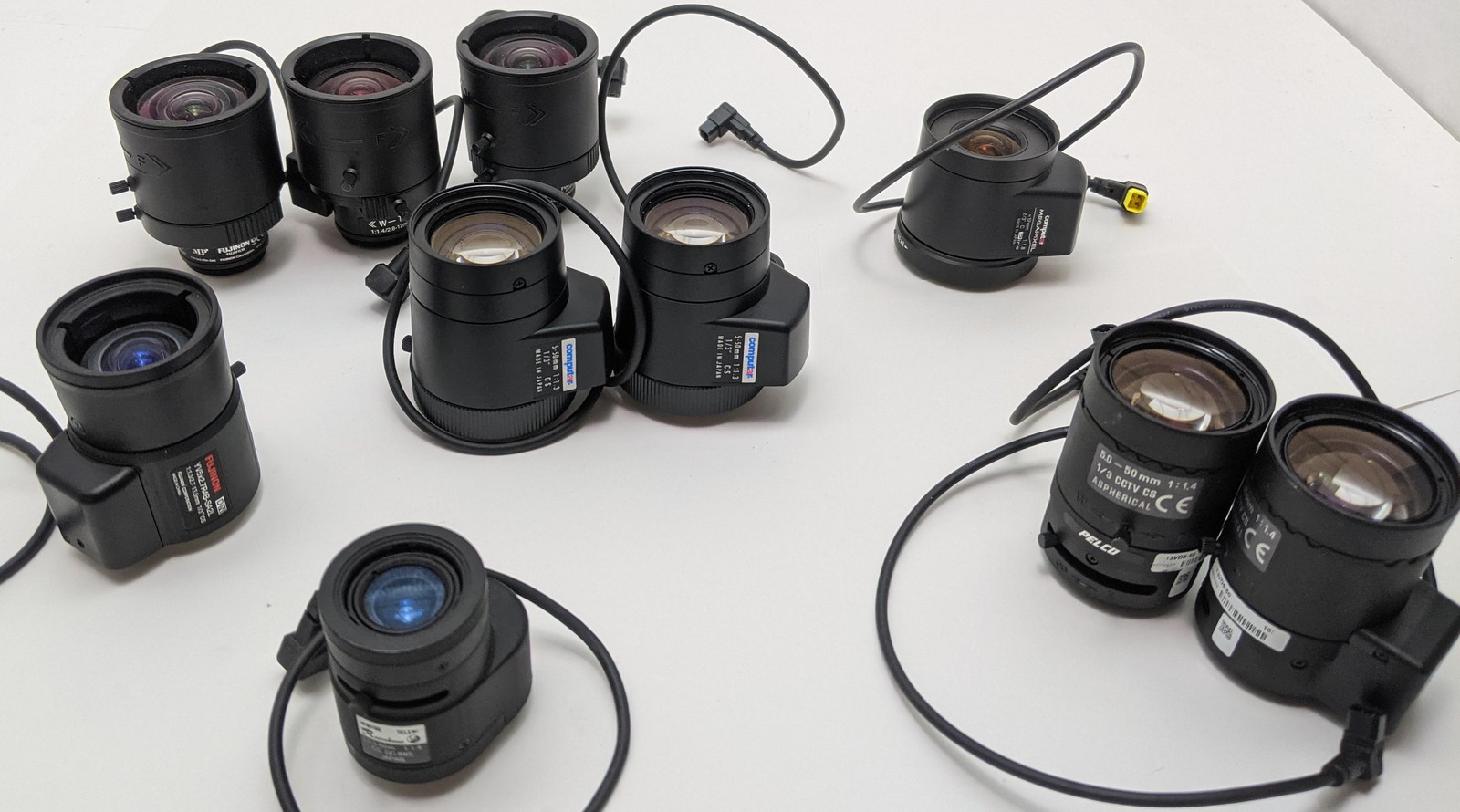 Lot Of 10 CCTV Lenses FUJINON, COMPUTAR, PELCO, RAINBOW – Mixed CS/C, Untested
