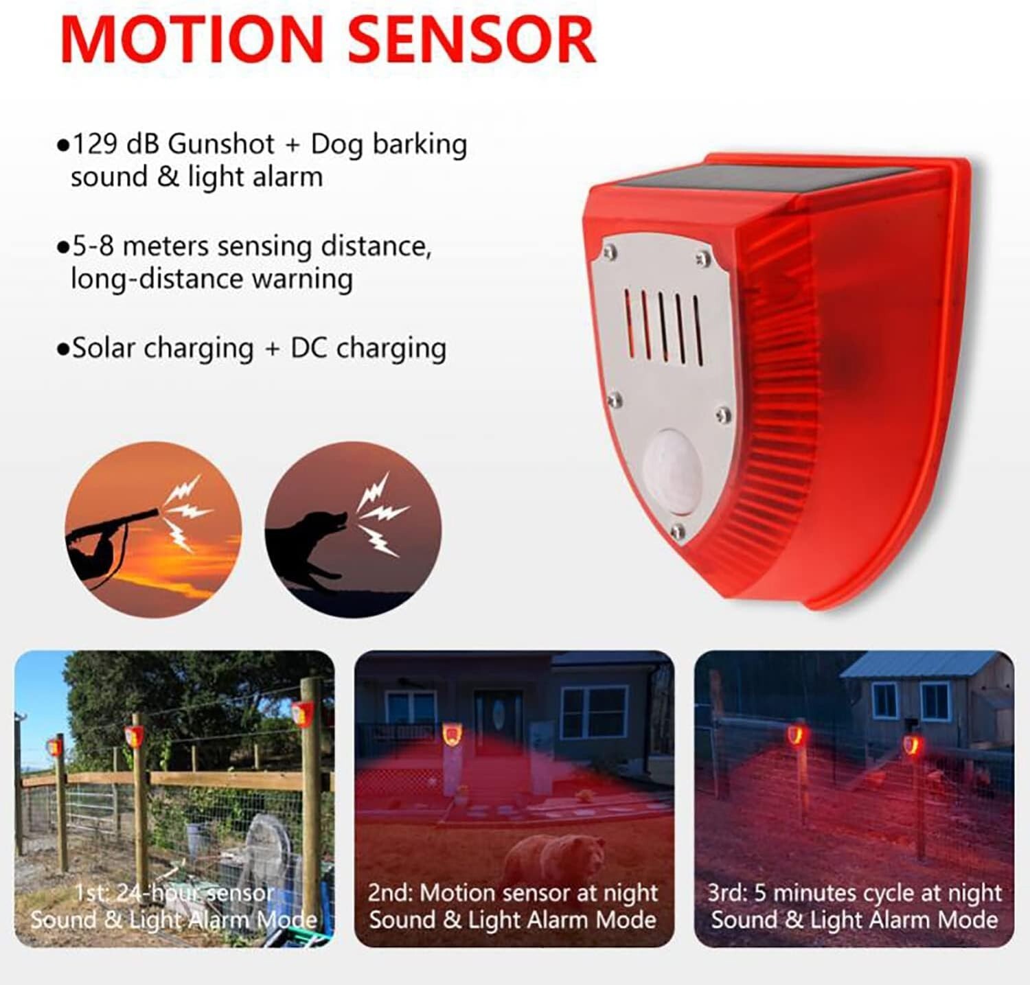 Solar Outdoor Motion Sensor Alarm-129db Dog Barking & Gunshot Sound USB Charge