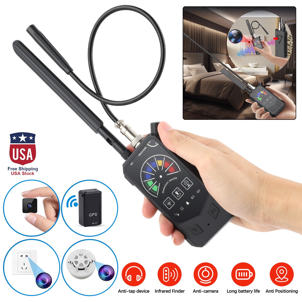 Portable Hidden Camera Detector Finder Bug GPS Tracker Scanner Device Car Hotel