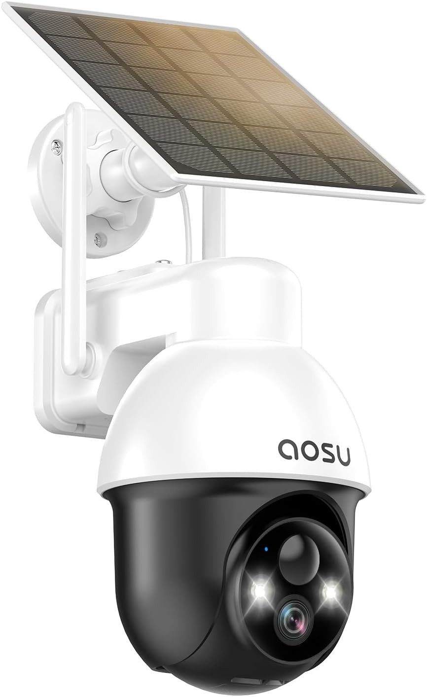 AOSU Solar Security Camera Wireless Outdoor with Panoramic PTZ, Human Auto Track
