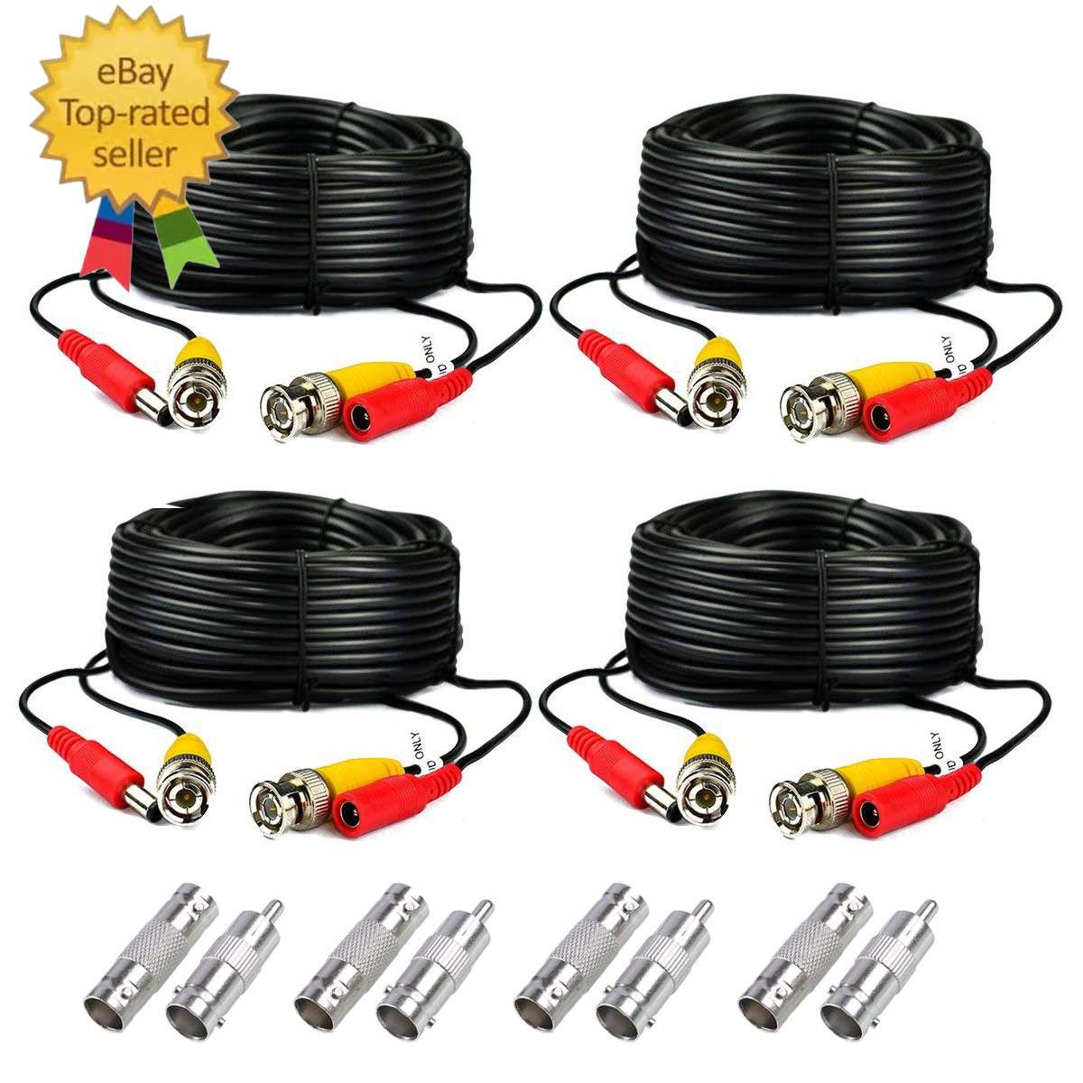 4-Pack 125Ft Black Pre-Made All-In-One BNC Male to Male Video and Power Cable