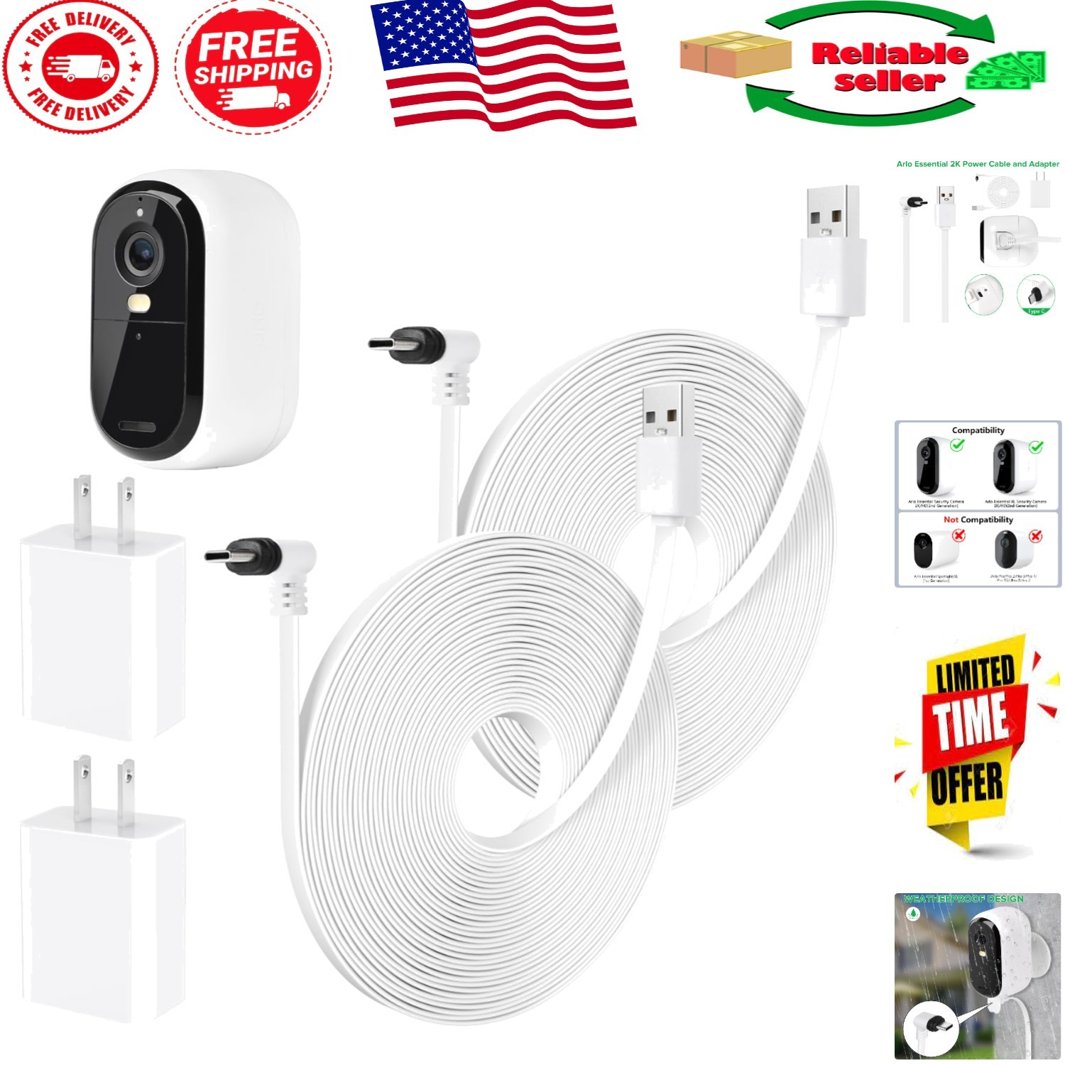 25FT Waterproof Charging Cable for Arlo Essential 2K – Safe & Reliable