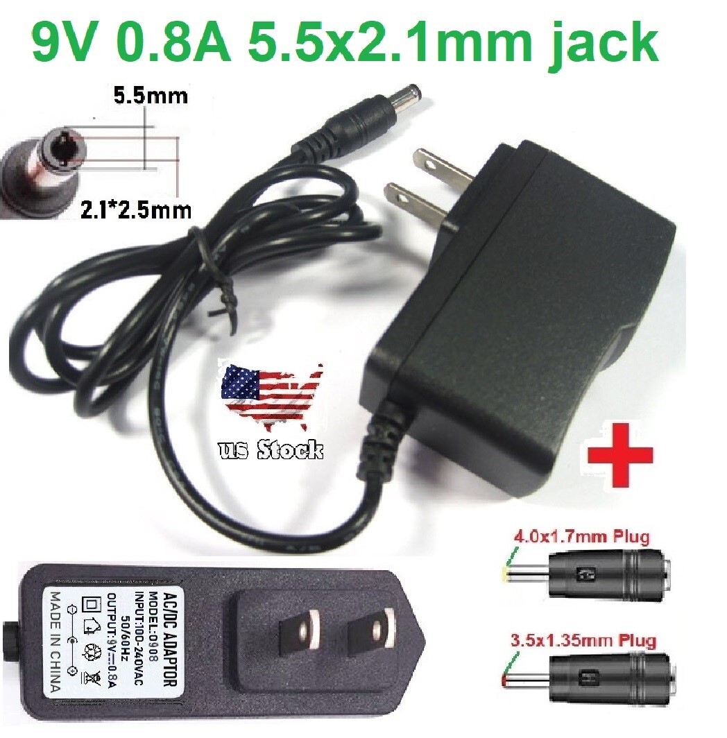 9V 0.8A AC/DC Adapter Power Supply Charger with 5.5×2.1mm +2 DC Power Plug Tips