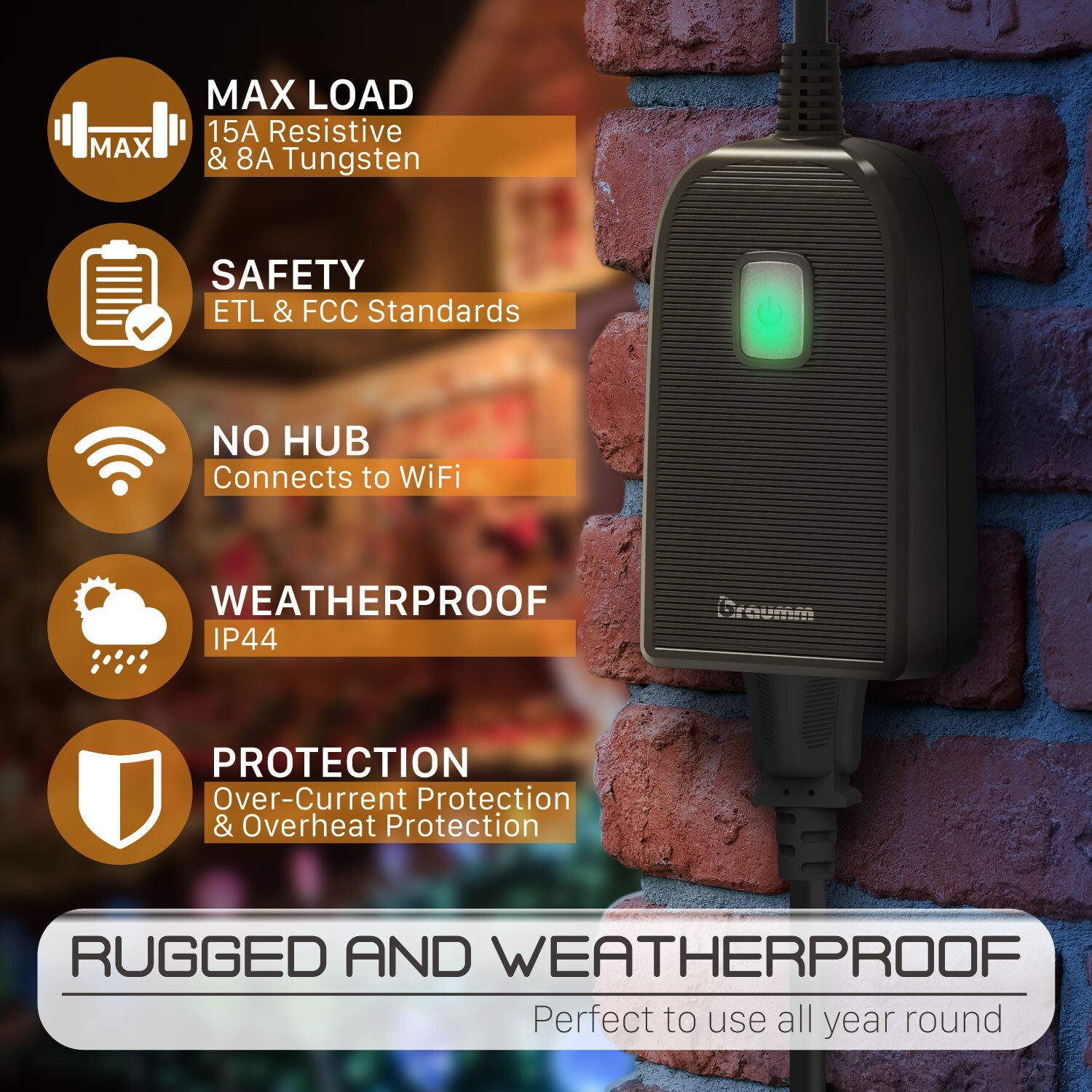 Braumm Outdoor Smart WiFi Outlet Compatible with Alexa and Google Assistant