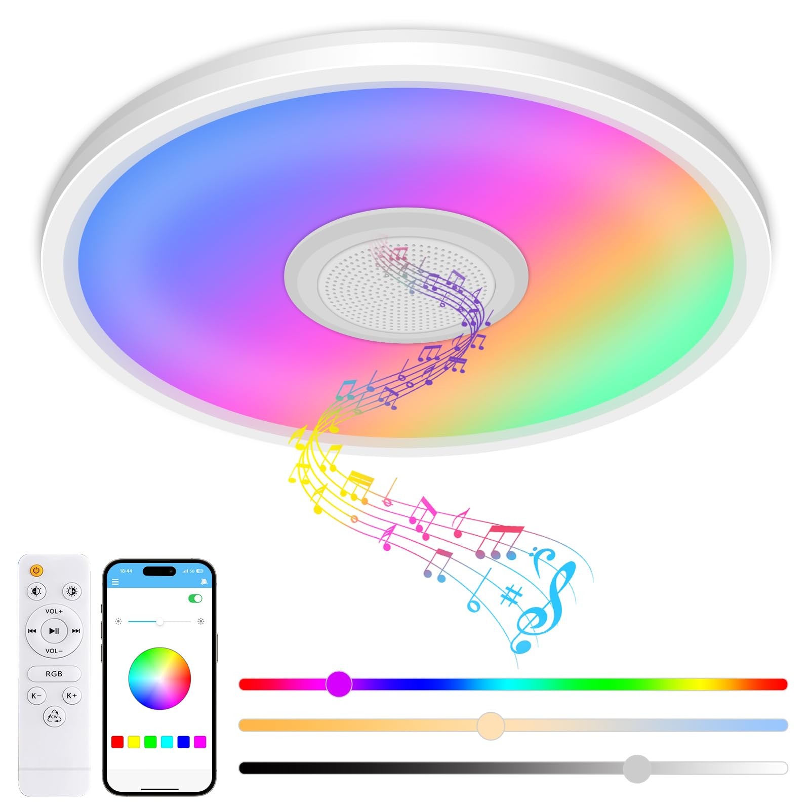 Zemty RGB Ceiling Light with Bluetooth 12in-1 Pack, White-Bluetooth Speaker