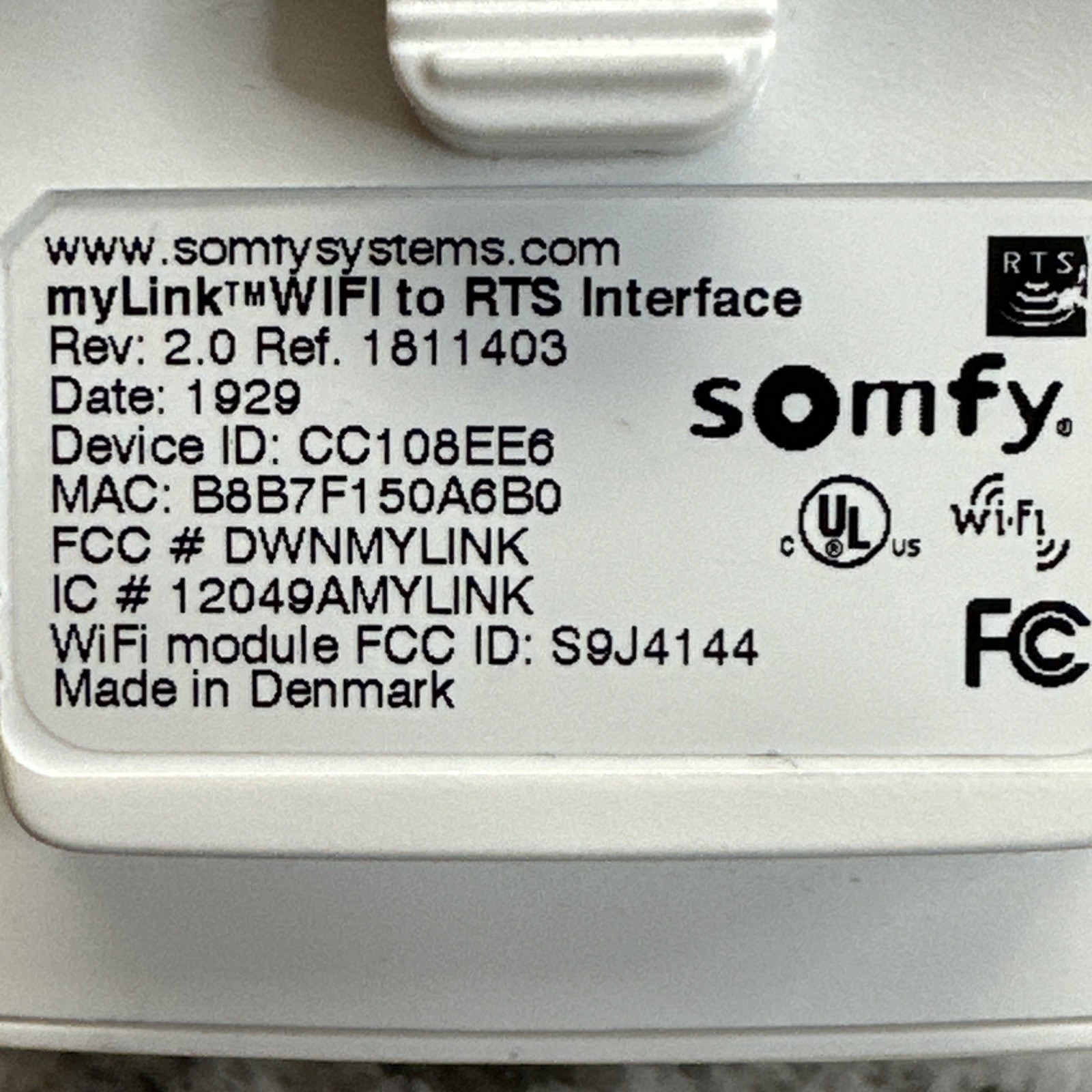 Somfy myLink 1811403 Wi-Fi RTS Interface Smart Home Automation Hub Controller