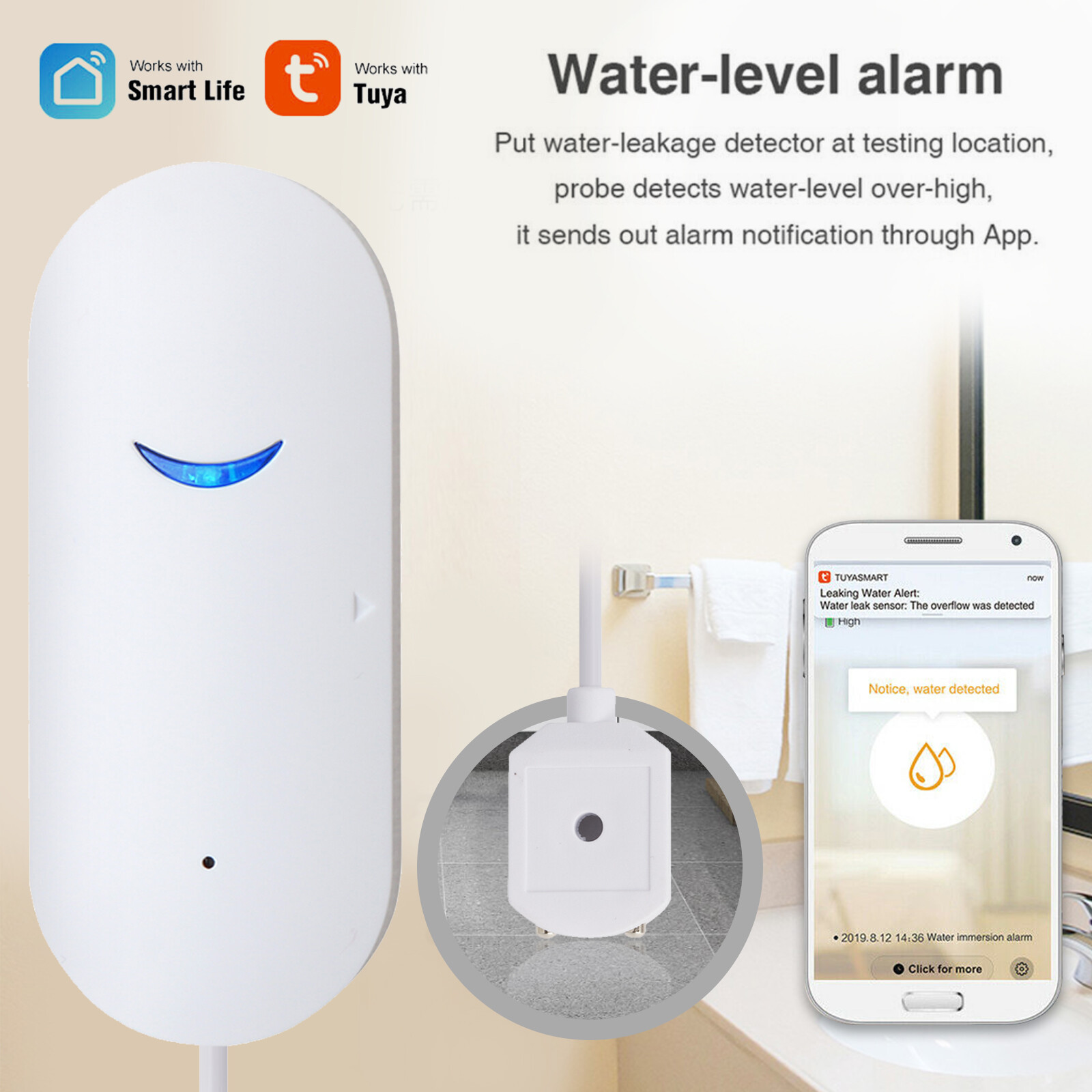 Smart WiFi Water Leak Sensor Flood Leakage Level Alarm Overflow Detector Alert
