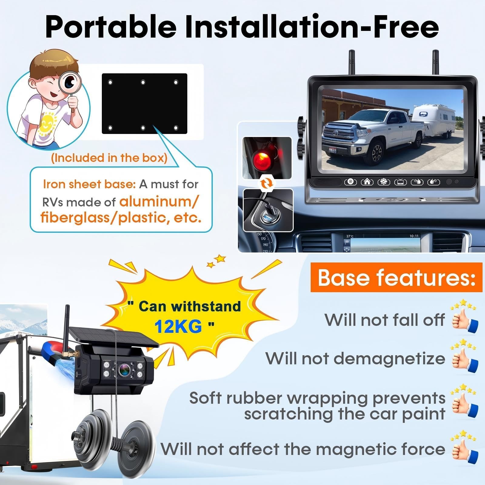 RV Backup Camera with Solar Magnetic: 7″ Monitor w/ Cam for Trailer, Black