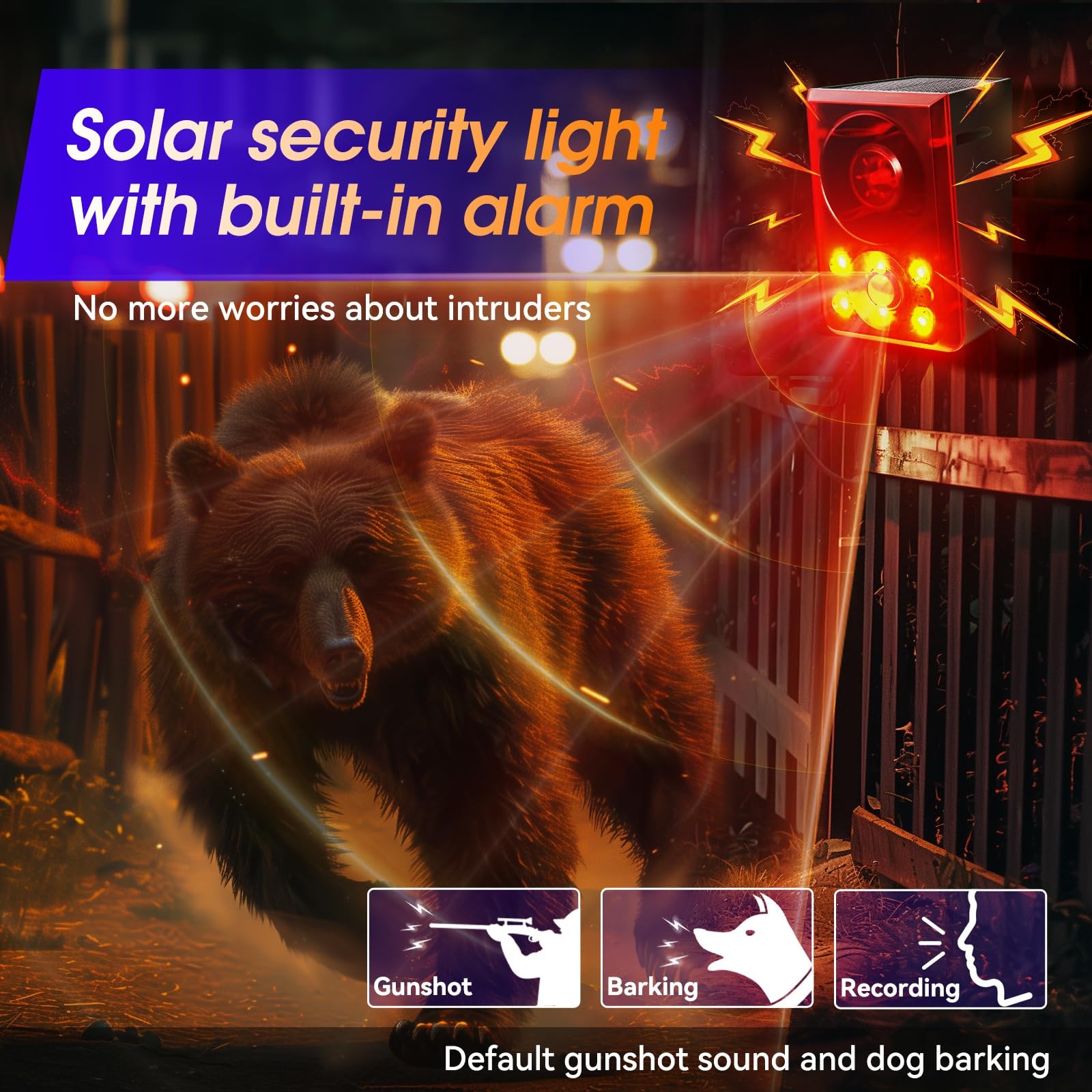 Solar Outdoor Motion Sensor Alarm – Dog Barking & Gunshot Sound, Support Reco…